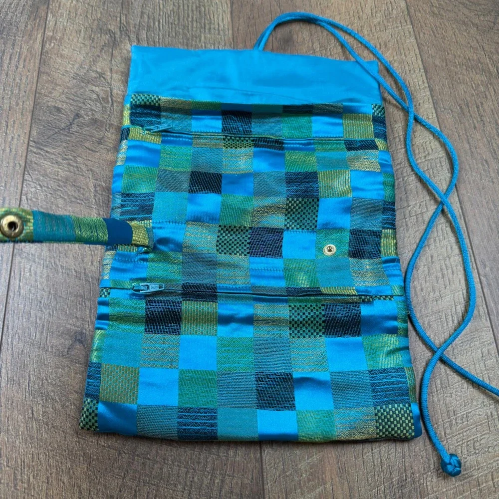 Silk Brocade Roll Up Travel Jewelry Organizer Bag Teal Blue Green Patchwork